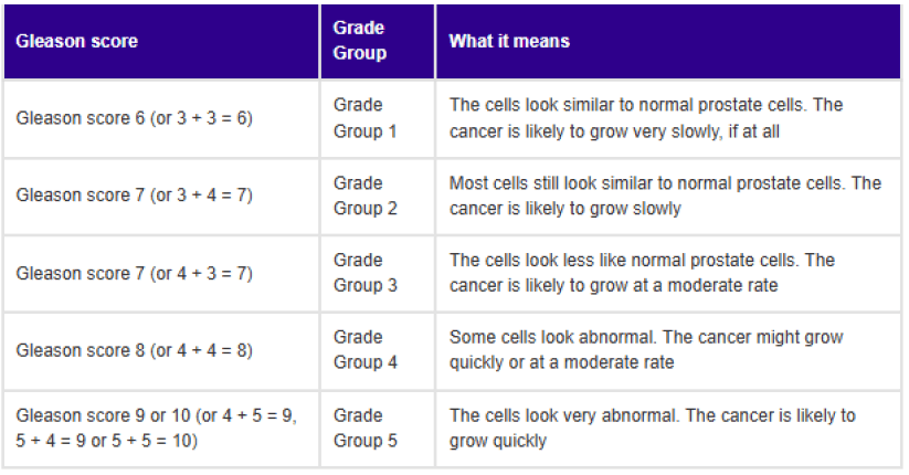 A table from the Cancer Research UK website detailing the Gleason Score