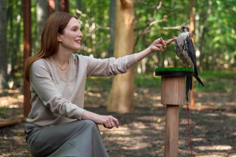 Julianne Moore in Sirens kneeling down to her falcon