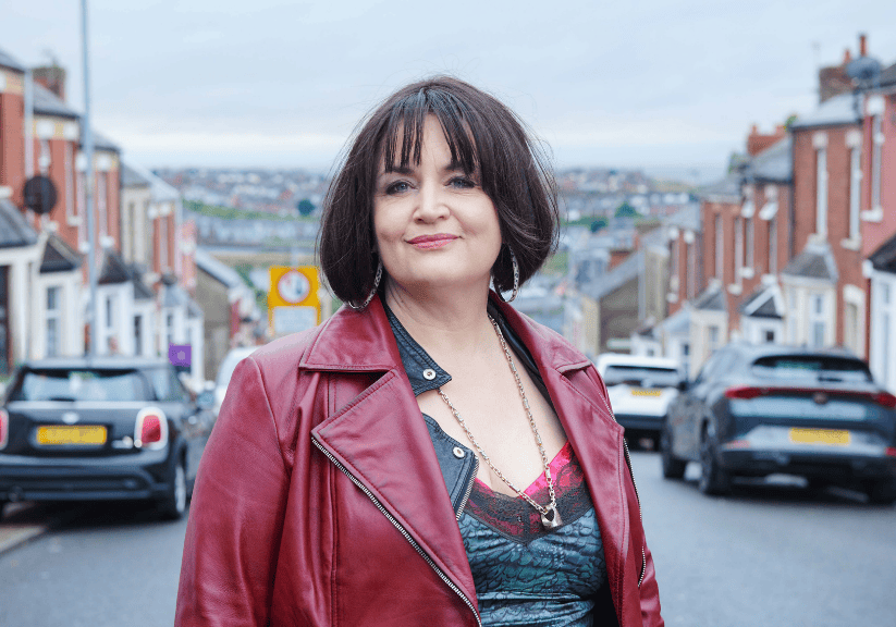 Ruth Jones as Nessa in Gavin and Stacey in the street where its filmed