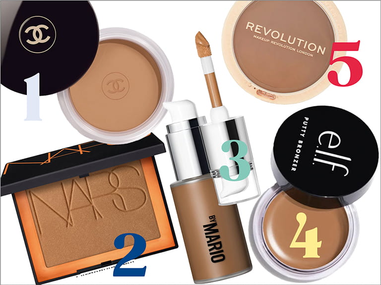 Collage of the best bronzers as recommended by Emily Dean