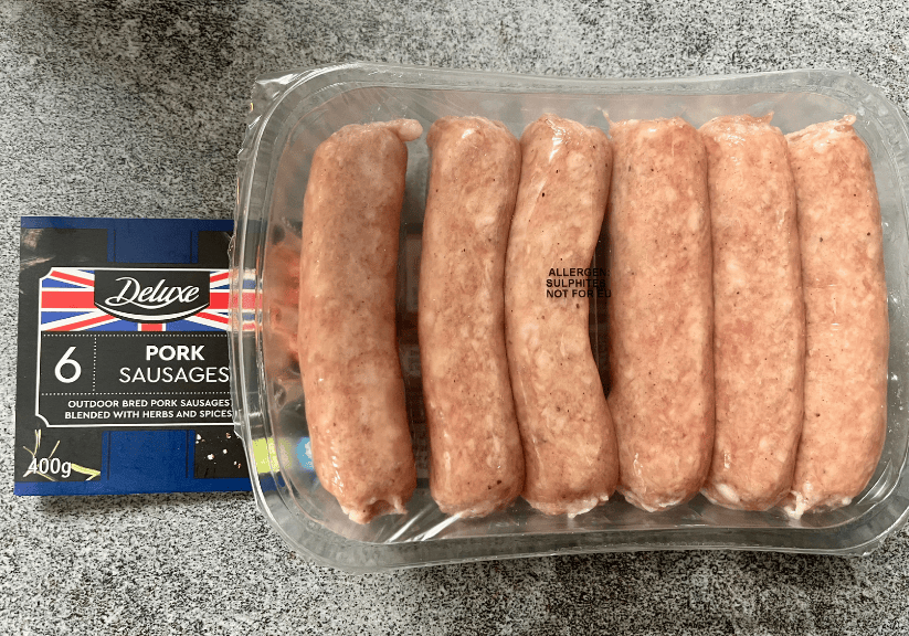 A packet of Lidl pork sausages