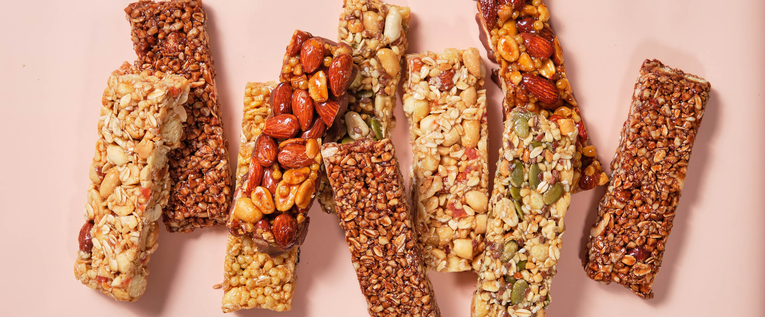 A variety of protein bars with nuts and seeds