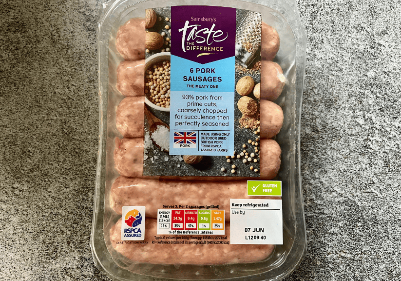A packet of Sainsbury taste the difference pork sausages