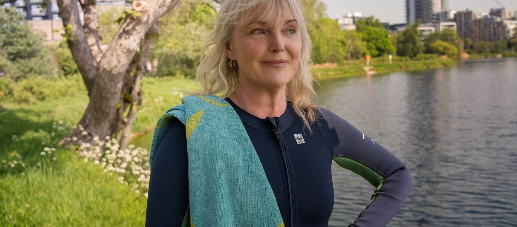 Actress Miranda Richardson in a wetsuit by a lake