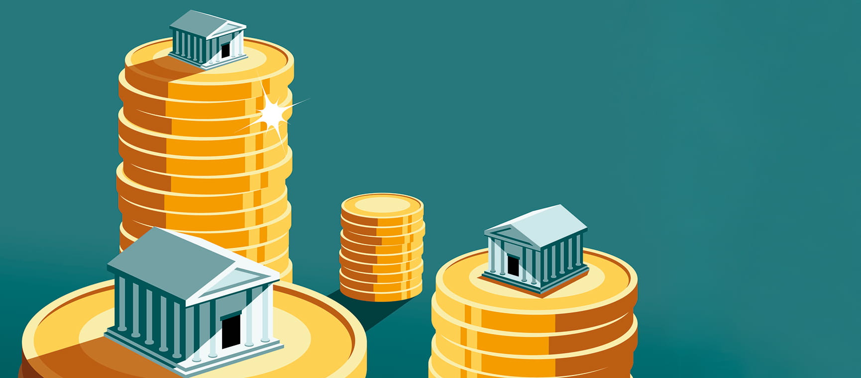 Illustrated image of greco-roman styled bank buildings atop piles of giant coins
