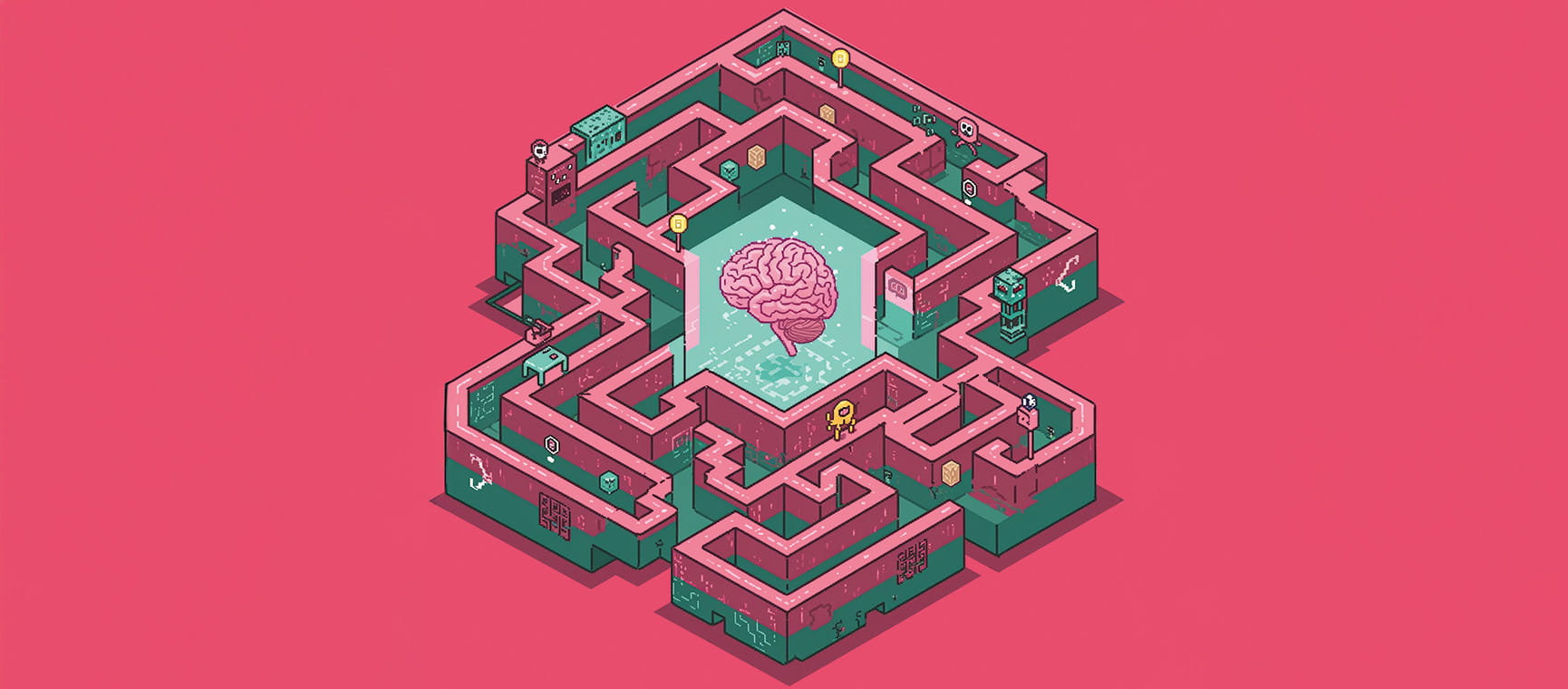 An illustration of a brain in the center of a maze, with a red background