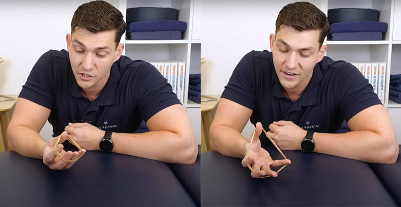 Will Harlow demonstrating the rubber band extension exercise