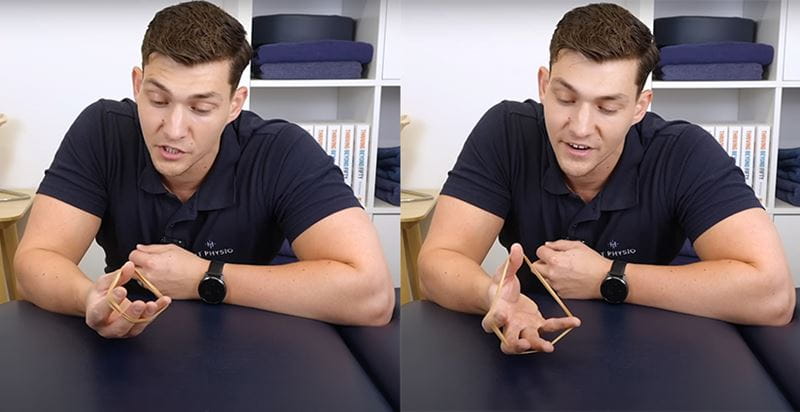 Will Harlow demonstrating the rubber band extension exercise