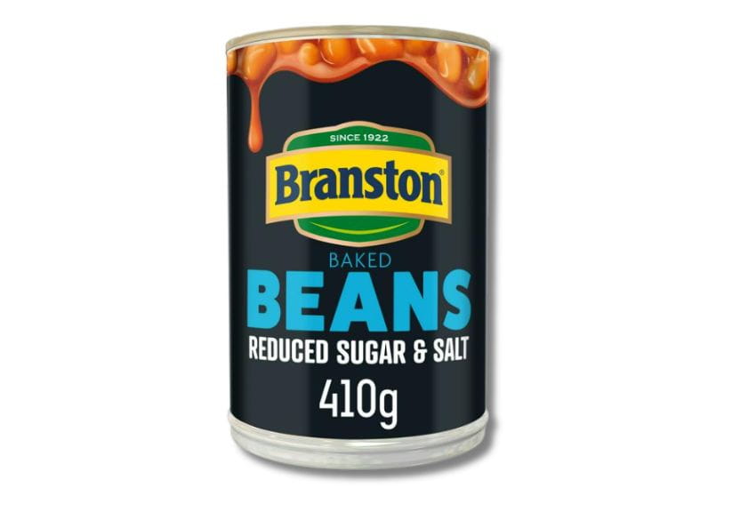 A packshot of Branston reduced salt and sugar baked beans