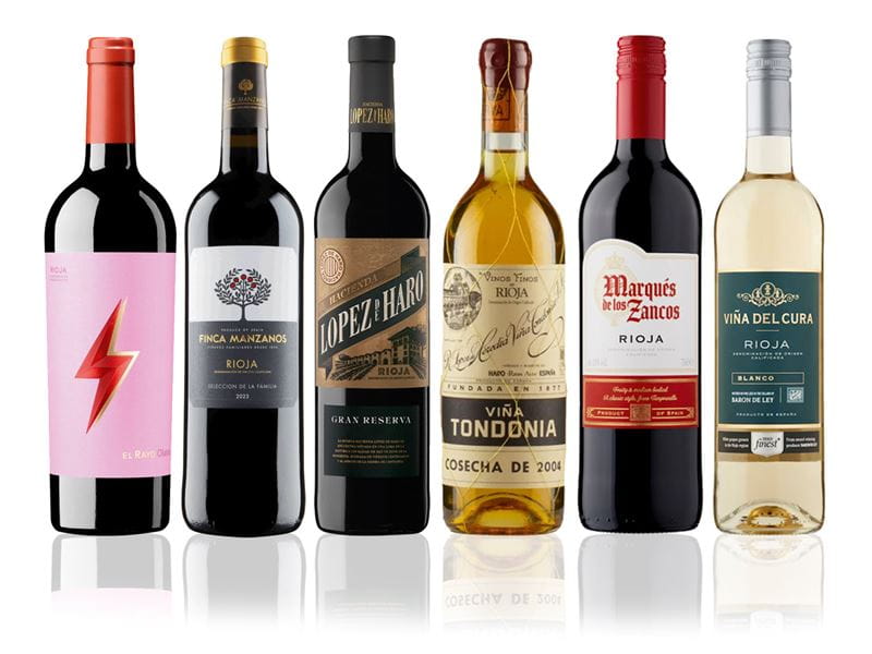 A line up of six rioja wine bottles