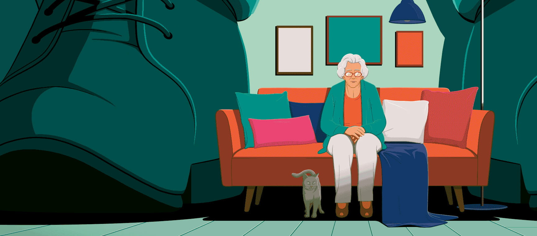 Illustration of an older lady with glasses sat in the middle of an orange sofa with two giant shoes either side of her