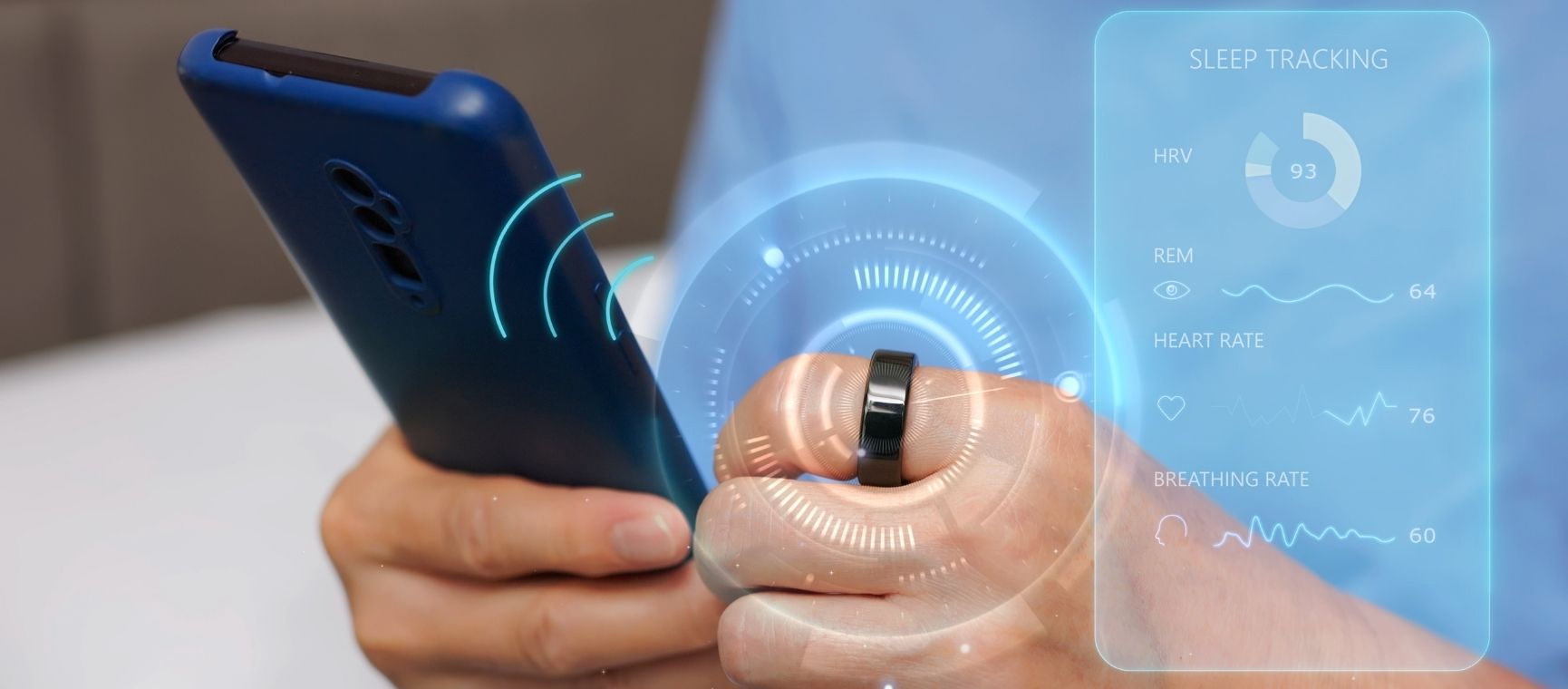 close up of a person using a smart ring with their phone app
