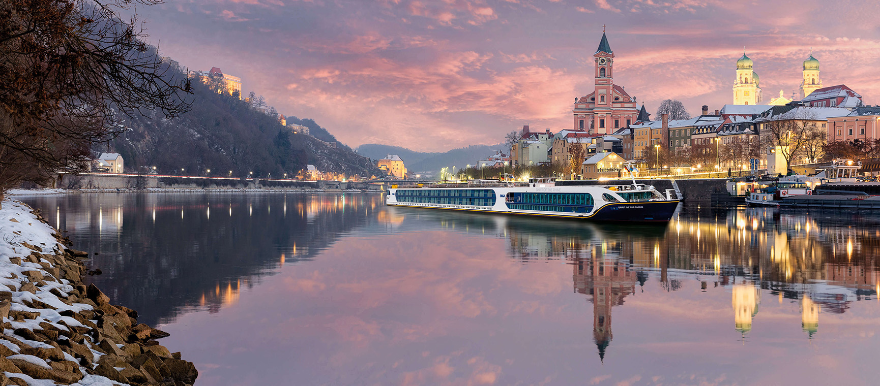 A Saga river cruise ship in Passau over Christmas