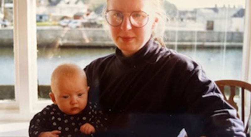 Joanna Moorhead as a young mum with her baby daughter Joanna