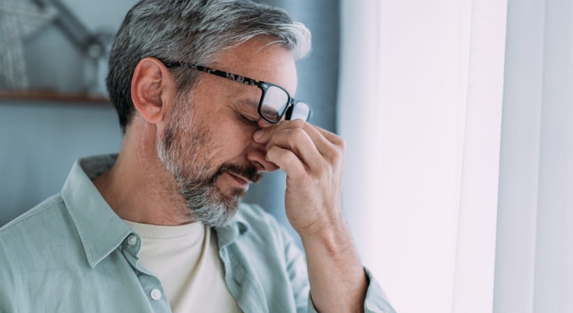 Older man with glasses feeling dizzy