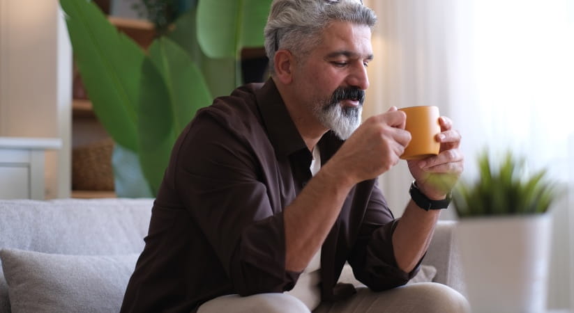 Older man with grey hair and beard drinking from a yellow cup