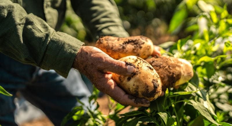 Person in green jacket holding some potatoes that have just been dug out of the soil
