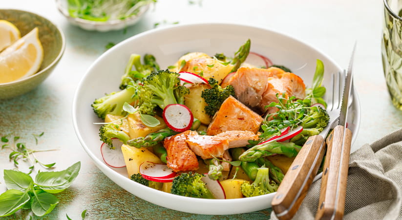 Salmon and potato salad on a plate