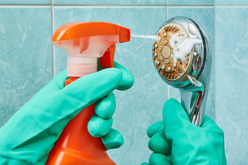 Dirty shower head being sprayed with a cleaning detergent in an orange bottle