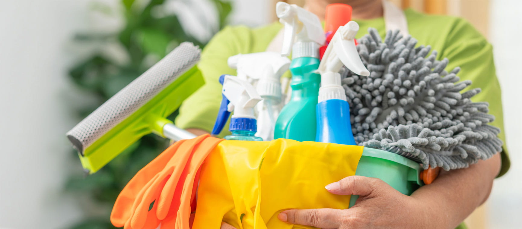 Person holding a bucket full of household cleaning items
