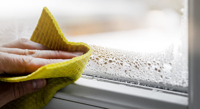 Close up of hand wiping condensation from a window with a yellow cloth