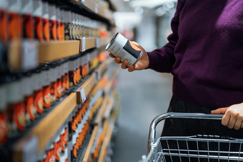 Someone in a supermarket looking at a can of soup