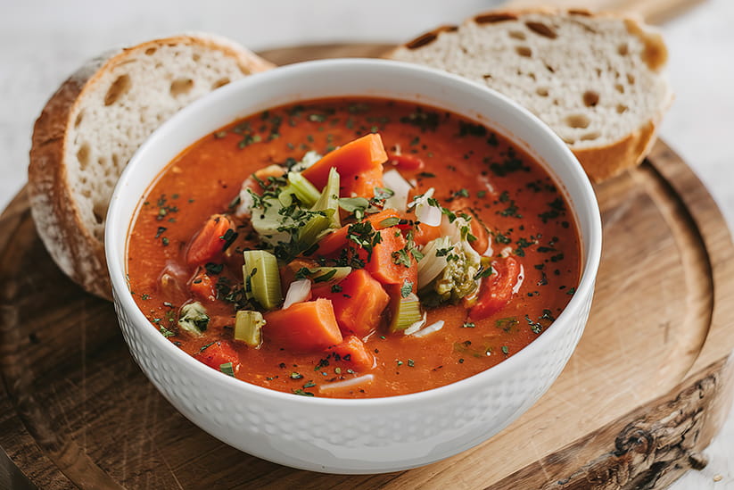 A bowl of vegetable soup with bread on the side