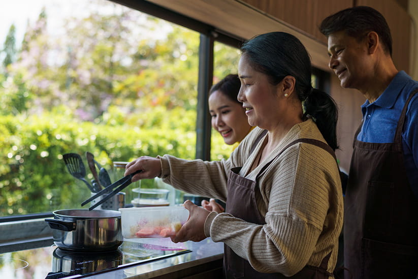 A family making a homemade soup