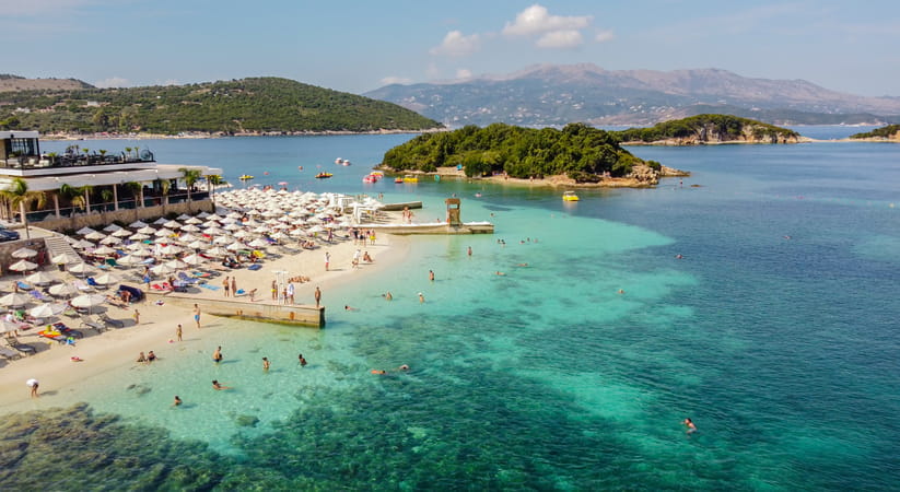 Aerial view of Ksamil beach in Albania