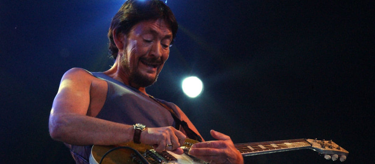 Chris Rea on stage playing guitar