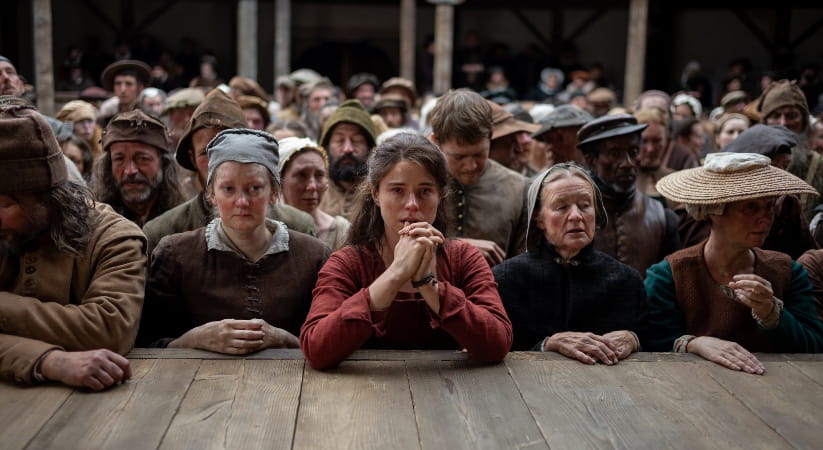 Woman in red dress praying in the film Hamnet