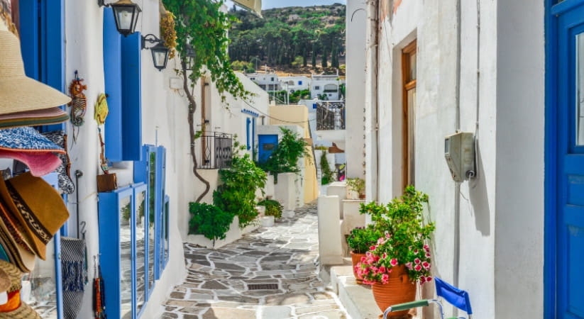 A cobbled street on the Greek island of Mykonos