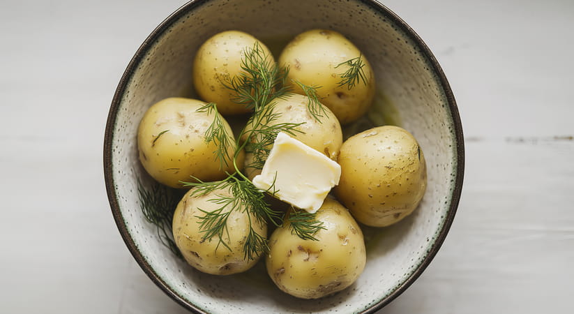 Aerial shot of a bowl of new potatoes with a slice of butter on top