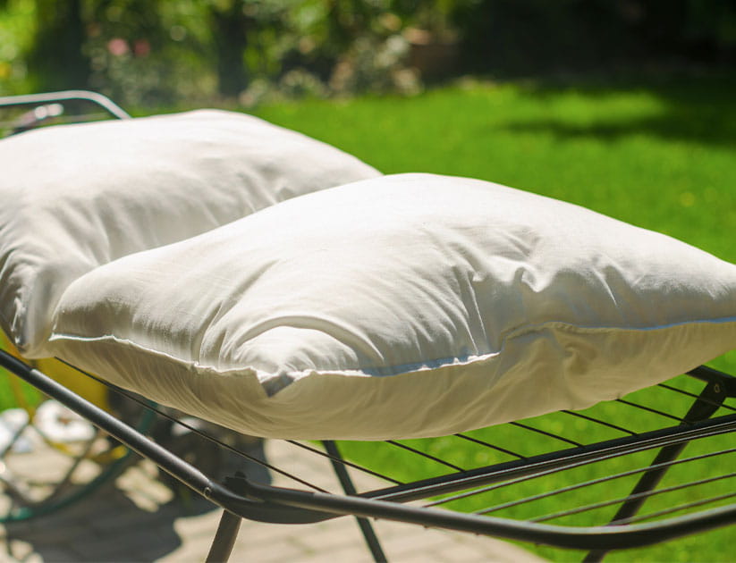 Pillows on drying outside in the sunshine