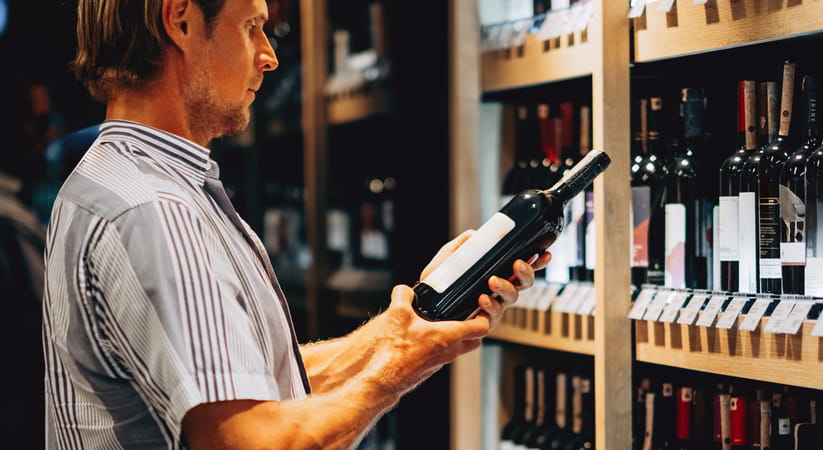 A man in a short sleeved shirt looking at a bottle of wine in a shop