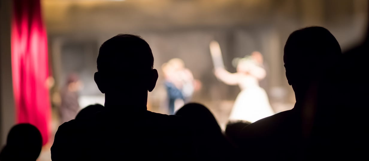 Rear view of people in the theatre watching a show