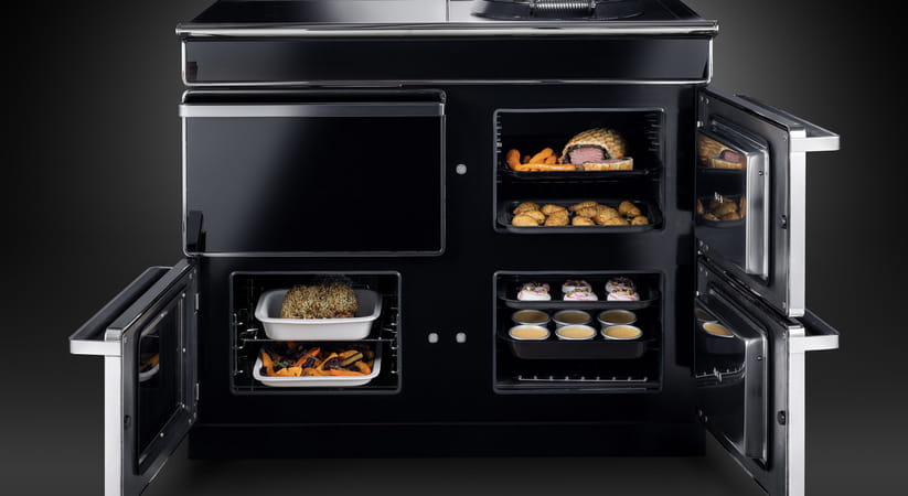 Cloe up of a black Aga Era oven against a black background
