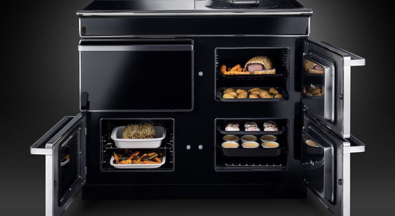 Cloe up of a black Aga Era oven against a black background