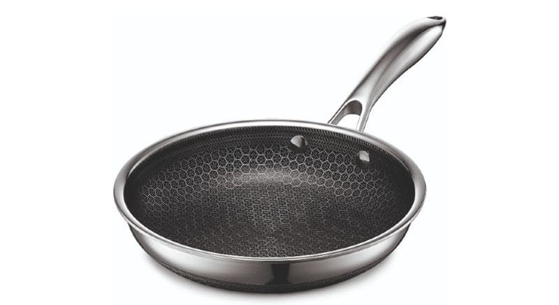 Close up of Hexclad frying pan against a white background
