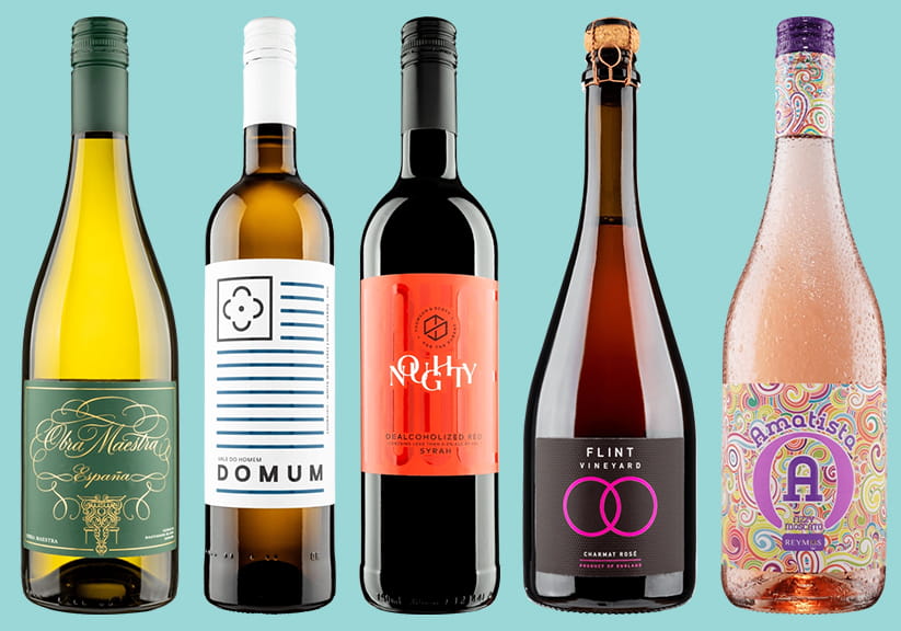 Five lower alcohol wines lined up against a cyan background