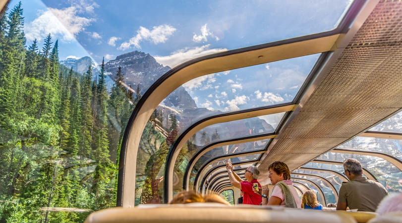 Passengers aboard the Rocky Mountaineer train in North America
