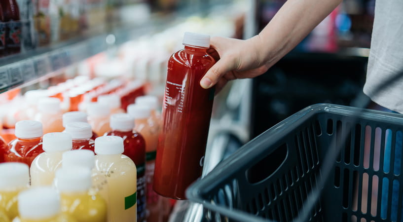 Close up of a hand taking a bottle of red smoothie drink from a supermarket shelf
