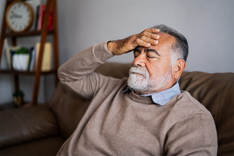 An older man holding his head after a spell if dizziness