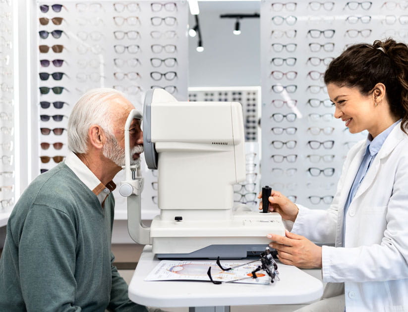 Experienced optometrist checking senior man eyesight focus and diopter using test eyeglasses instrument and eye chart