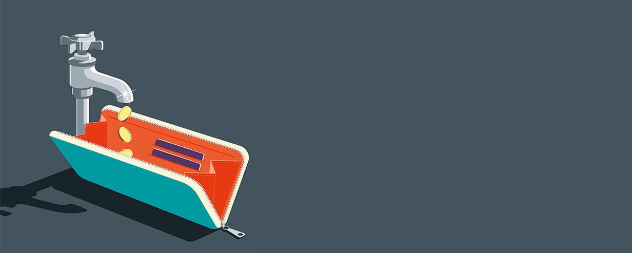 An illustration of coins falling out of a tap into a purse