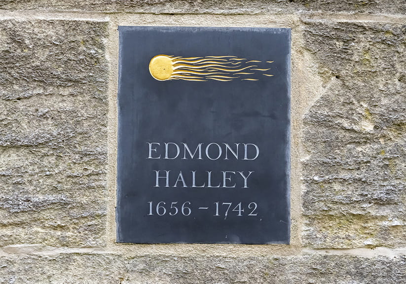 A plaque for Edmund Halley in Oxford, Oxfordshire, UK.