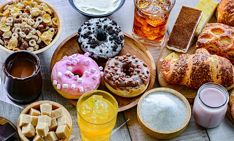 A collection of sugary foods and drinks on a table
