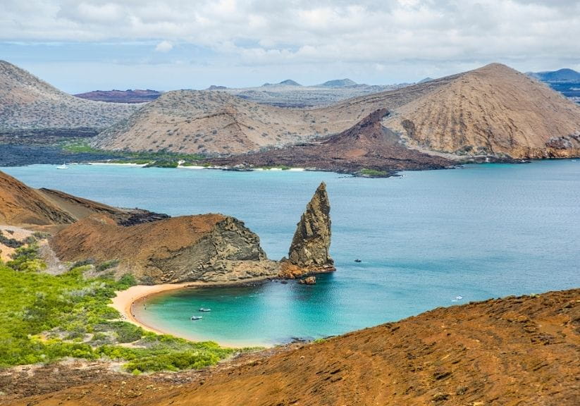Aerial view of Pinnacle Rock, Bartolome Island, Galapagos, Ecuador 