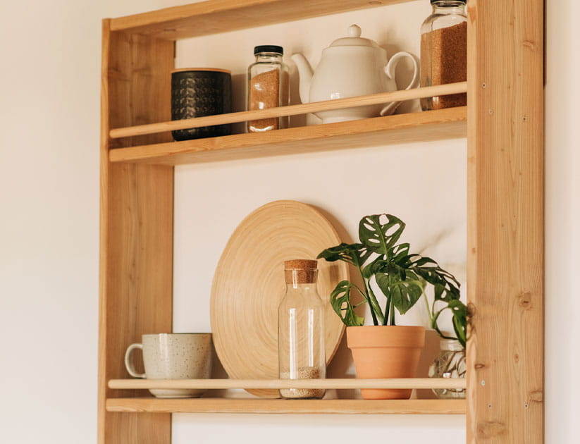 wooden shelving displaying a plant and an assortment of glass jars, teapots and plates