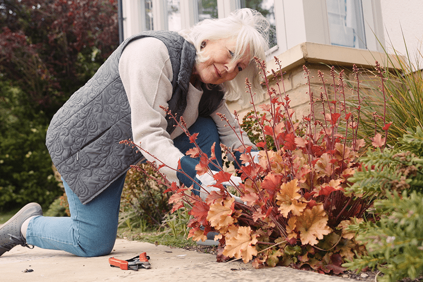 Close-up shot of Jean tending to the garden around her house.